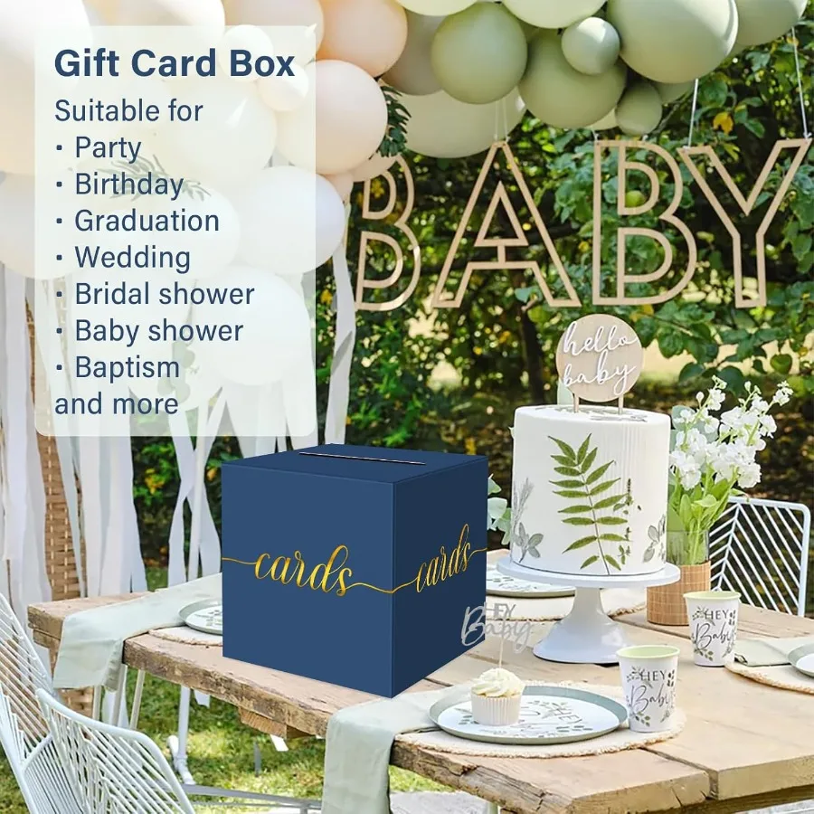 1 Pack Navy Blue and Gold Foil Card Box for Party 8.7" Navy Blue Gift Card Box Money Box for Birthday Wedding Baby Shower Retir