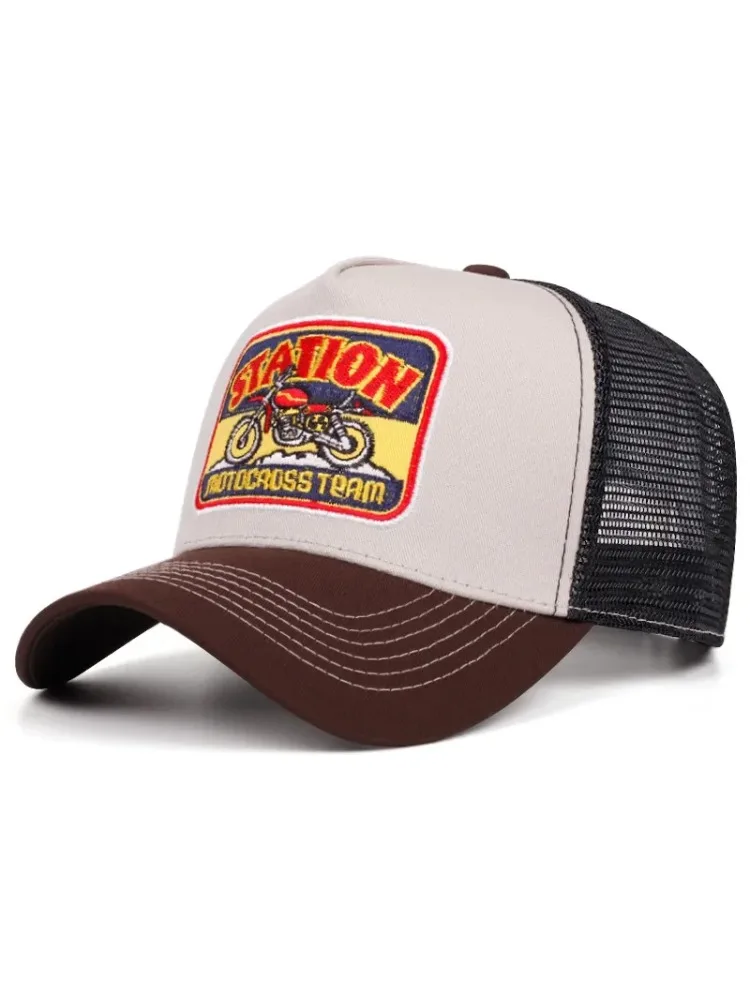 Casquette de camionneur de moto Bullhead rétro américain, maille respirante, blocage de couleur, chapeau de Baseball pour Protection solaire décontractée en plein air, nouvelle collection