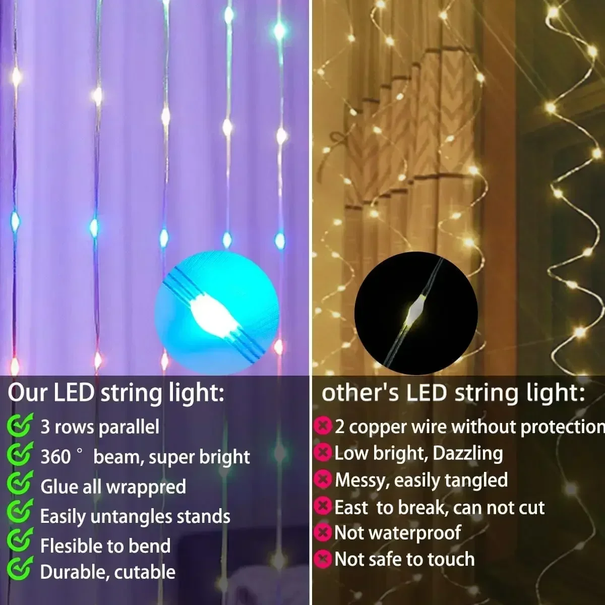 RGBIC Curtain Light String USB Plug Remote Control LED Curtain Light APP Bluetooth Control String Lights for Room Decorations