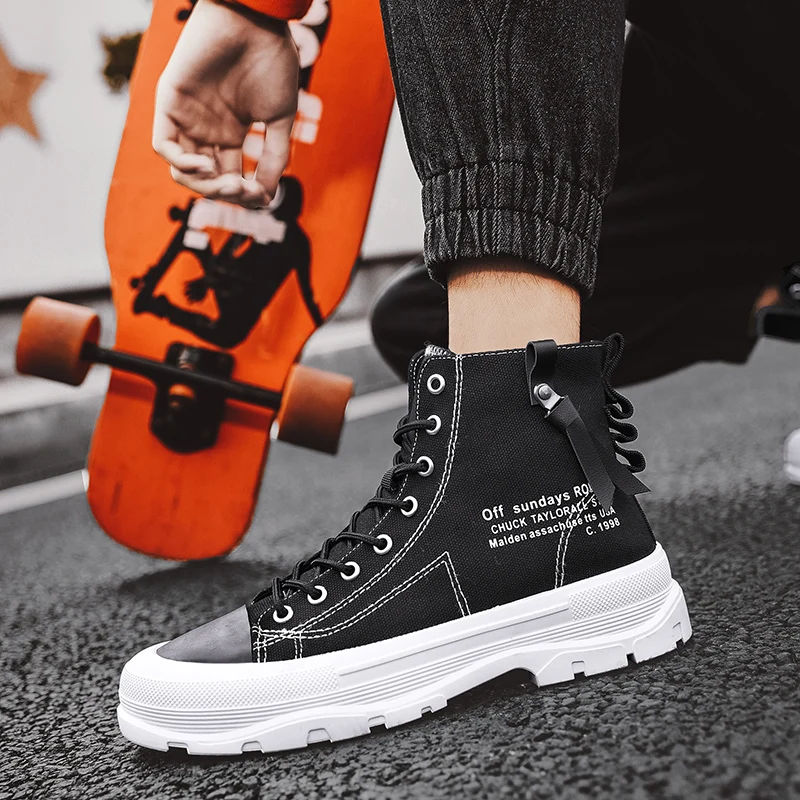 Men Vulcanized Shoes 2023 British Style High Top Casual Sneakers Men Canvas Shoes Man Sports Skateboarding Shoes Fashion Male
