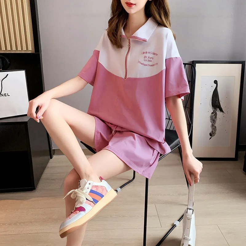 Summer Women Sexy Short Sleeve Tops Zipper T Shirt Shirts Elegant Sport Party Casual Bandage Shorts Pockets 2 Pieces Sets Suits