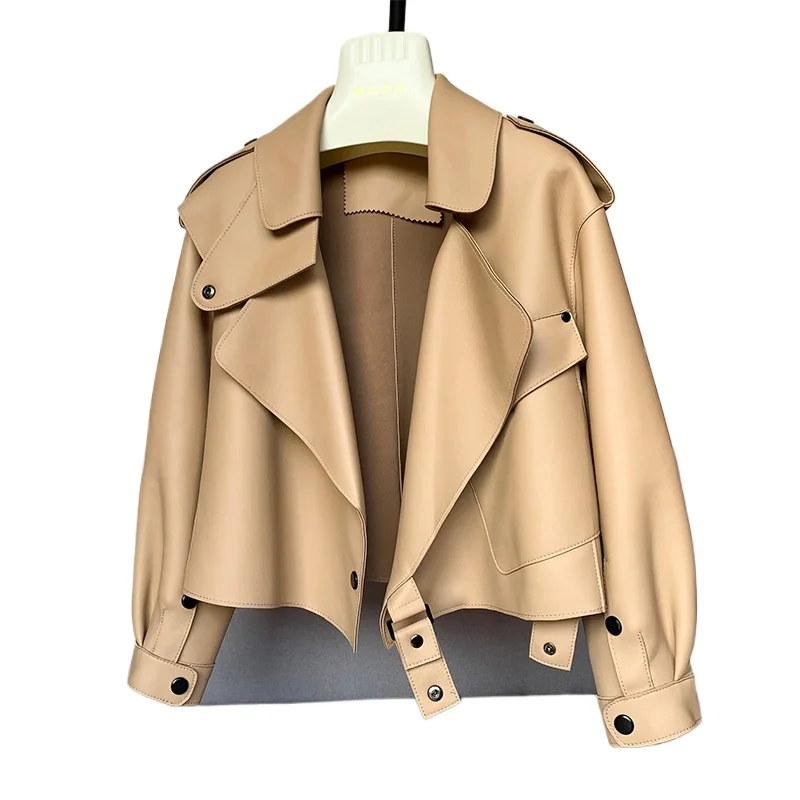Winter Spring Moto Biker Genuine Top Quality Black Loose Korean-style short plus-size coat Sheepskin Coat  Women Leather Jacket