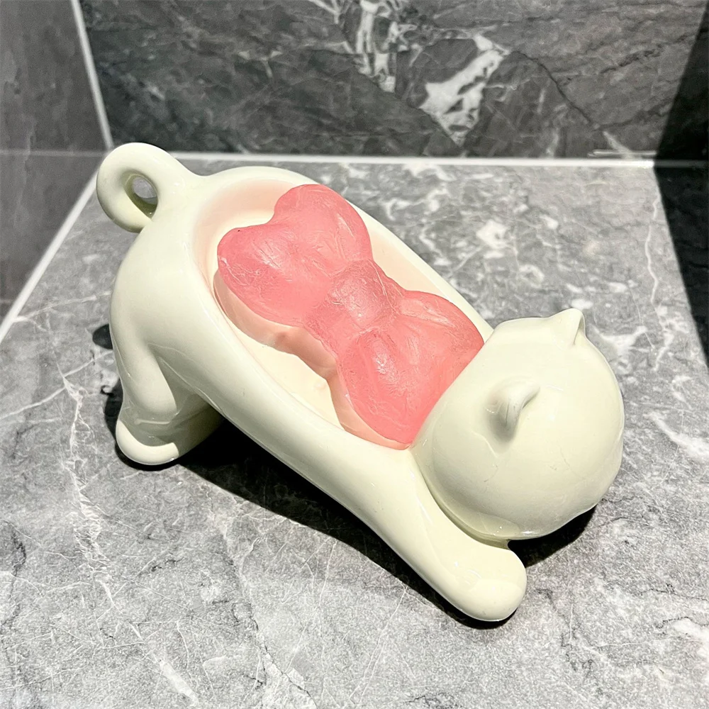 Cute Cat Drain Soap Holder Container Smooth Ceramic Toilet Soap Dish Case Tray Bathroom Accessories Washroom Tools Home Decor