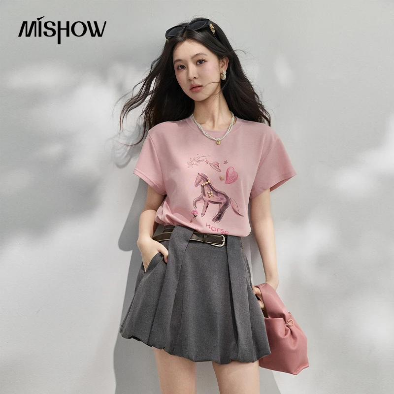 

MISHOW Hand-Painted Pony Printed Round Neck T-Shirt For Women Summer 2026 New Embroidered Flares Elegant Sweet Top MXF24T1613
