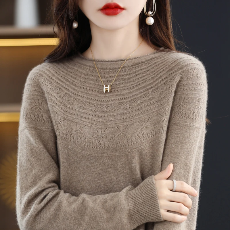 Round Necked Hollowed Out Wool Sweater Women\'s AutumnWinter Long Sleeved Solid Color Warm Pullover100%Merino Wool Jumper KnitTop