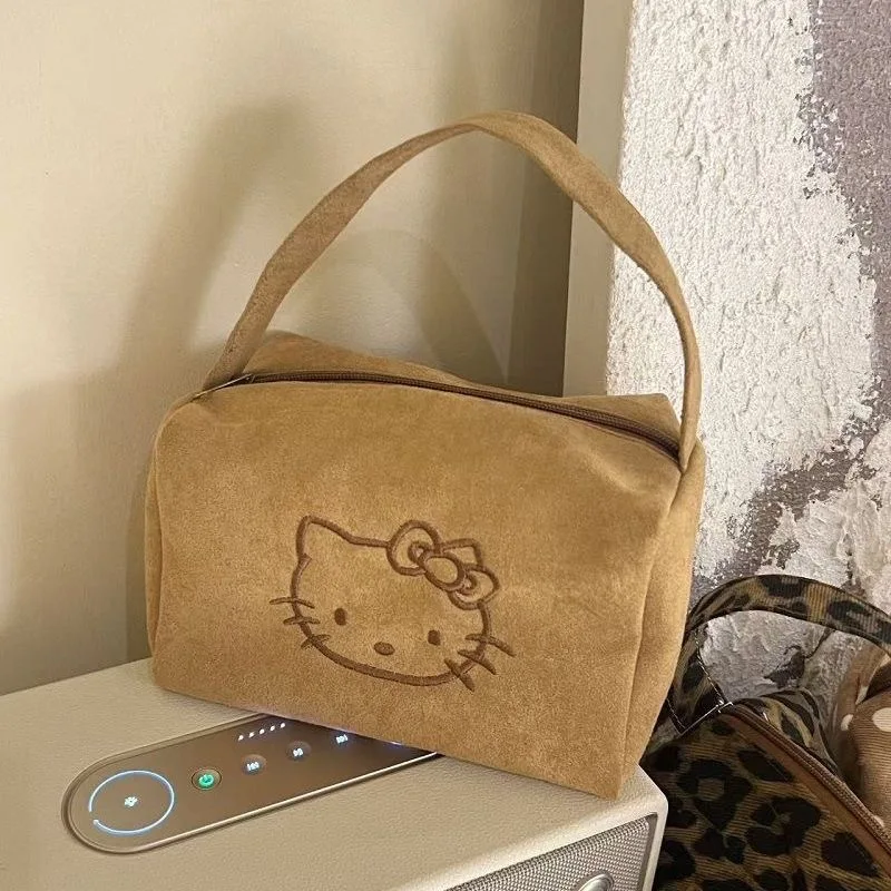 Sanrio Hello Kitty Makeup Bag Kt Suede Cosmetic Bag Large Capacity Cosmetic Pouch Embroidered Toiletry Travel Makeup Organizer