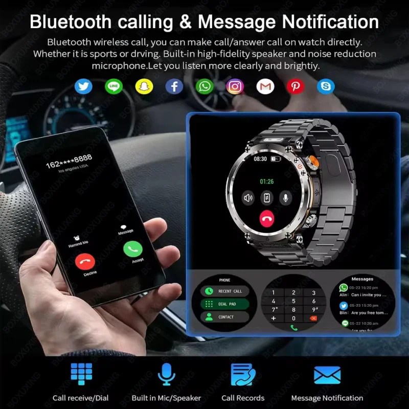 2025 Nuovo Smart Watch da esterno da uomo 600mAh Torcia a LED SmartWatch Bussola Chiamata Bluetooth Frequenza cardiaca IP 68 Sport Smartwatch 2025