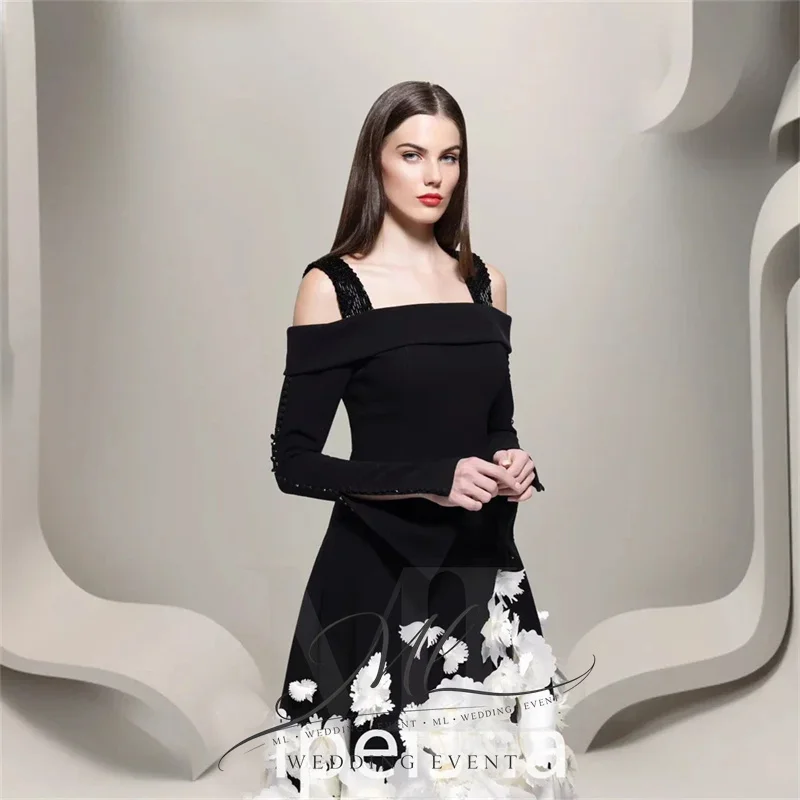 

ML Luxury 3D Flowers Tea Length Evening Party Dresses Long Sleeves Off Shoulder Prom Gowns Formal Occasion Event Dress Customize