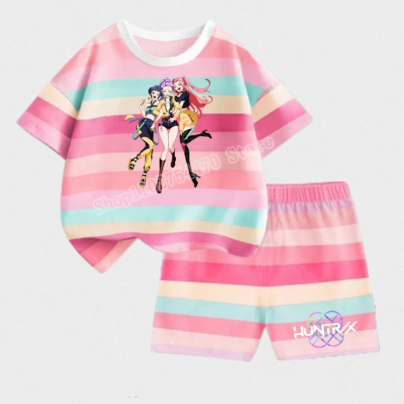 KPop Demon Hunters Child Short Style T-shirt Set Cartoon Rumi Mira Zoey Print Striped Two-piece Suit Summer Casual Homewear Gift