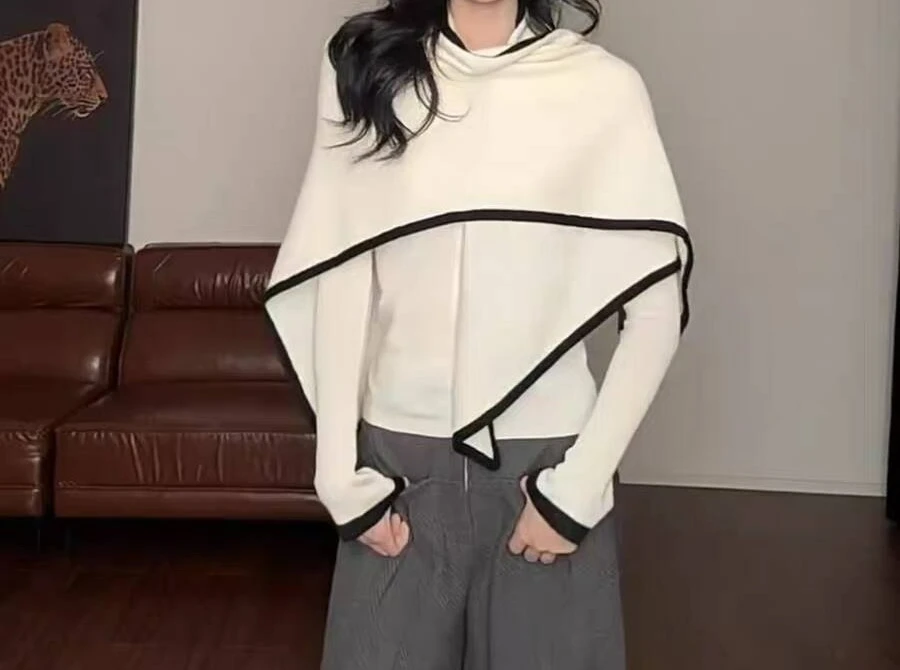 

Design Sense Splicing Contrasting Color Shawl V-neck Knitted Sweater Women's Early Autumn Wear Slim and Thin Inner Top