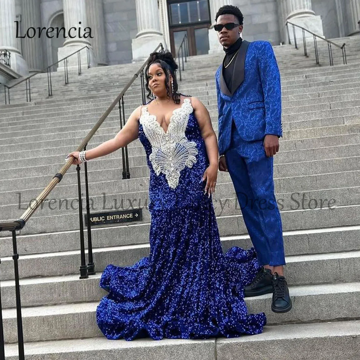 Sparkly Crystal Royal Blue Mermaid Prom Dresses For Black Girls Beads Diamonds Sequins Party Gown Plus Size vestidos de gala