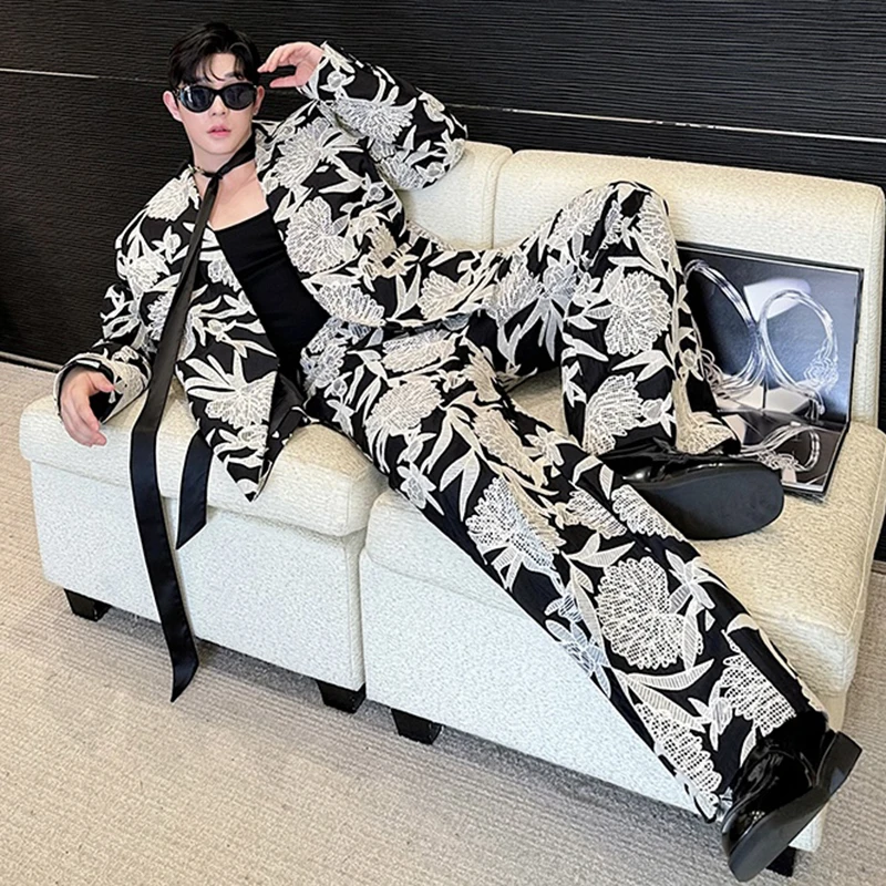 LUZHEN Embroidery Collarless Cardigan Blazer Set Original Personalized Trendy Jackets Men's Straight Suit Pants Two Piece LZ5363