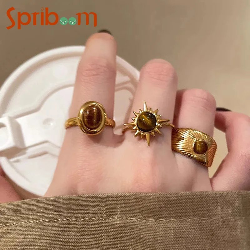 Sun Opal Stone Rings for Women Vintage Irregular Opening Ring Gold Color Design Aesthetic Jewelry Accessory Female Anillos Gifts
