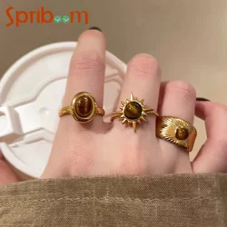 Sun Opal Stone Rings for Women Vintage Irregular Opening Ring Gold Color Design Aesthetic Jewelry Accessory Female Anillos Gifts