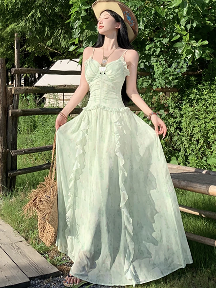 Frauen Grün Druck Chiffon Chic Rüschen Schlinge Sexy Lange Kleid 2025, Koreanische Mode, Figurbetontes Urlaub Kleid Frauen Elegante Casual Robe