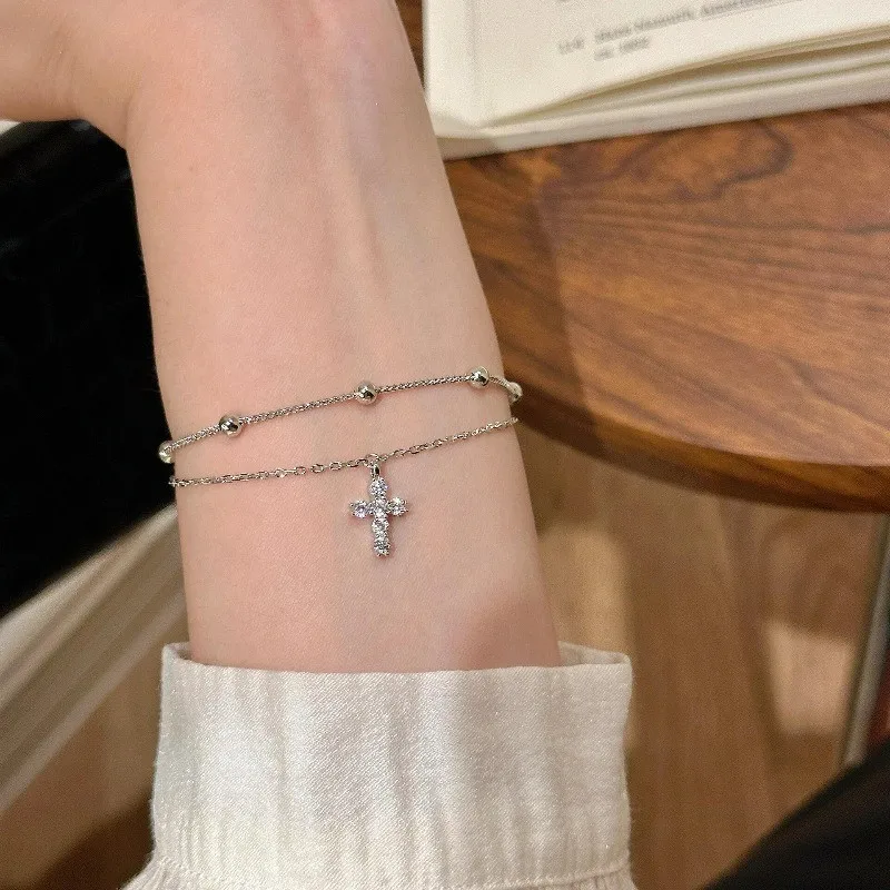 الصليب الصغير 2 طبقات سلسلة أساور امرأة فتاة بلينغ الزركون الماس خمر 18K الذهب معبأ الفضة موضة غرامة مجوهرات هدايا