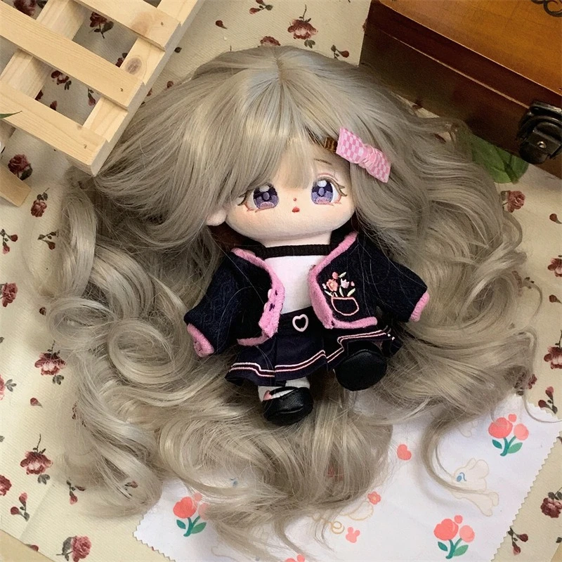 For 20cm Plush Dolls Wig Grey Mix Tone Fringe Water Wave HairpieceHeat Resistant Doll Accessories Fit 33-36cm Head