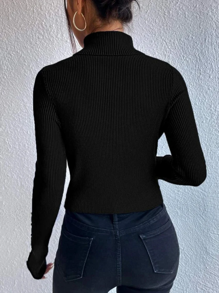 Suéter de punto acanalado para mujer, jersey de manga larga con cuello alto y cuentas, suave y cálido, otoño e invierno, 2024