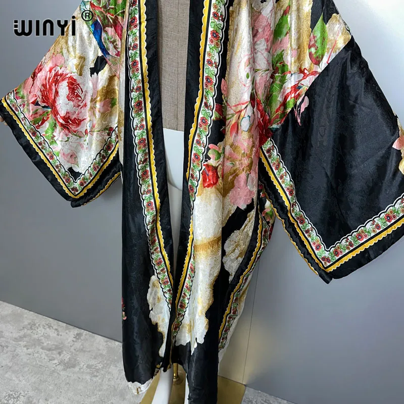 WINYI แฟชั่น boho พิมพ์ชุดกิโมโนชุดยาวผู้หญิงมุสลิม Cardigans ชุดชายหาด kaftan beach cover up party dress maxi coat