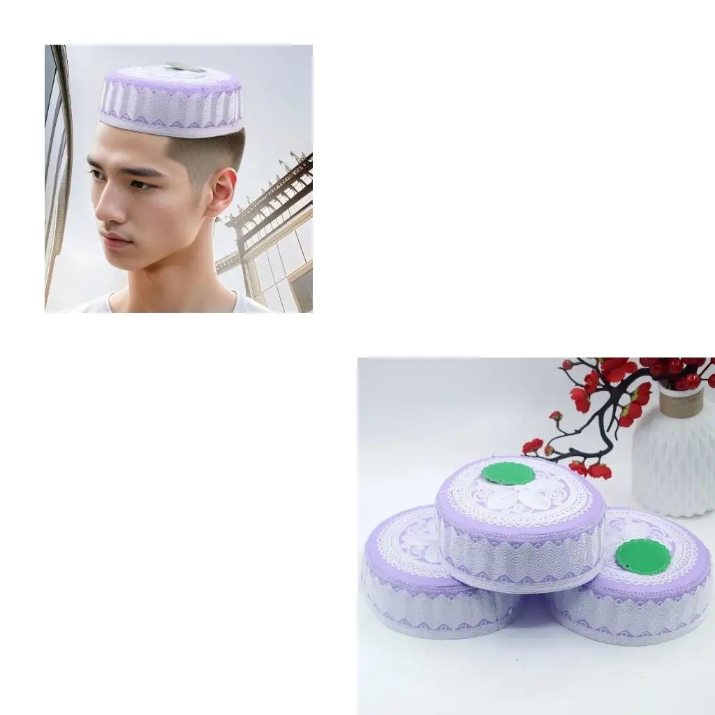 

652F Classical Muslims Men's Prayer Hat Cotton Kufi Caps with Detailed Embroidery for Religious Ceremonies