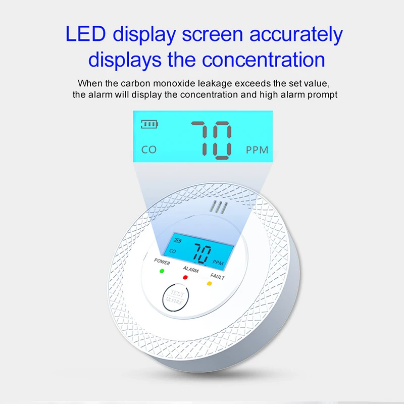 إنذار كاشف أول أكسيد الكربون مستشعر كهروضوئي جديد 85dB تحذير الصوت LCD شاشة ديجيتال CO إنذار مع UL2034