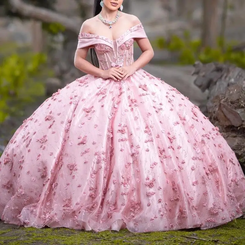 

Luxury Pink Mexican Quinceanera Dressess Off The Shoulder Applique Beads Crystal Lace Up Corset Sweet 16 Vestido 15 De Años