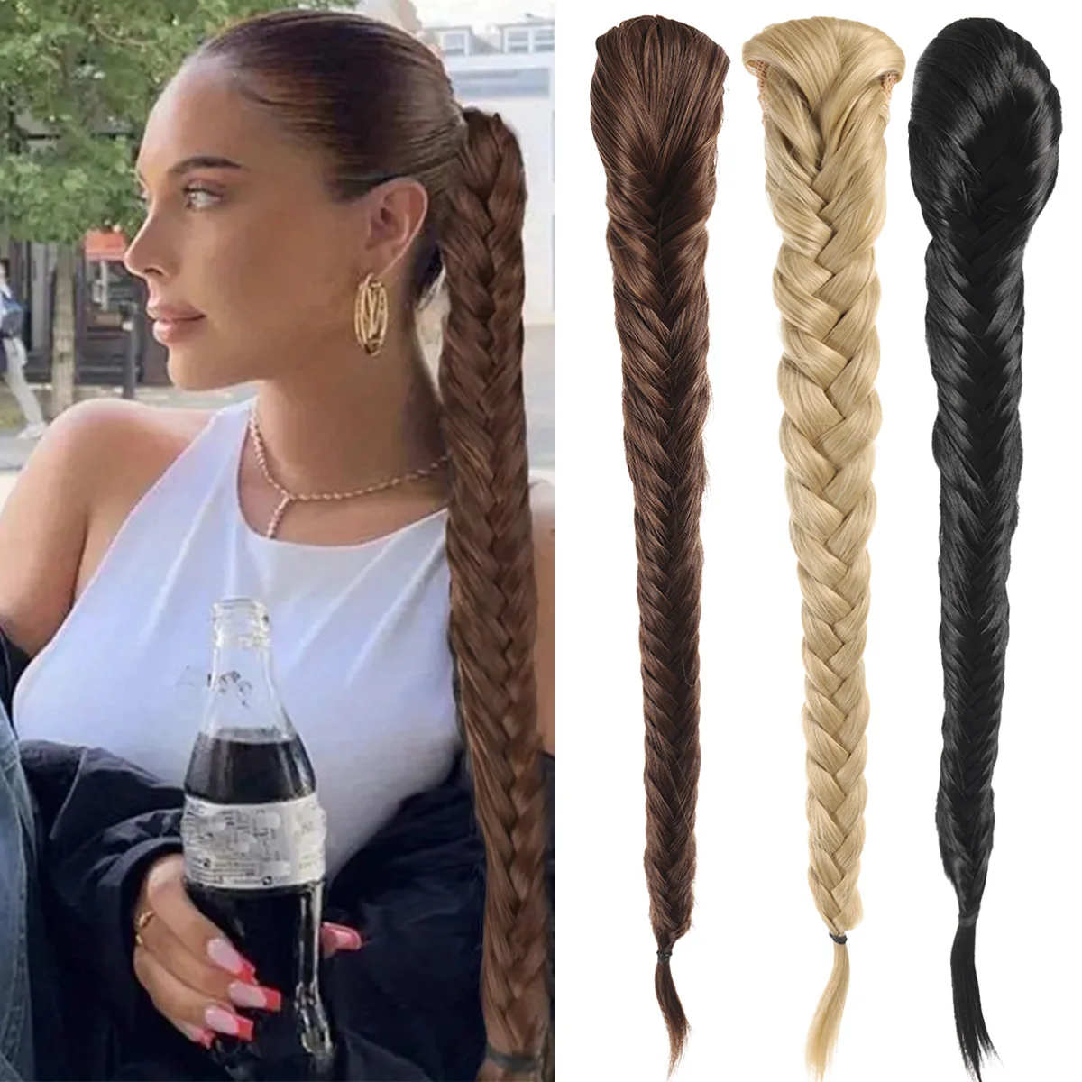 24-inch synthetic drawstring fishbone braided ponytail wig women drawstring ponytail clip hair extension braided wig