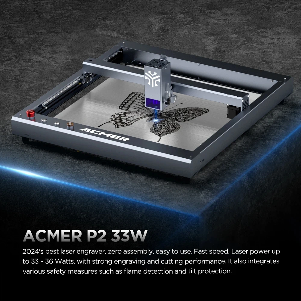 ACMER P2 33W Laser Engraver Cutting Machine Linear Rails 30,000mm/m Work on Stainless Steel Acrylic Wood Glass With Air Assist