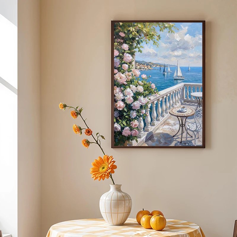 1pc frameless Aesthetic Mediterranean Coastal View Through Open Doors Lemon Tree Poster Print Canvas Painting Still Life Home De