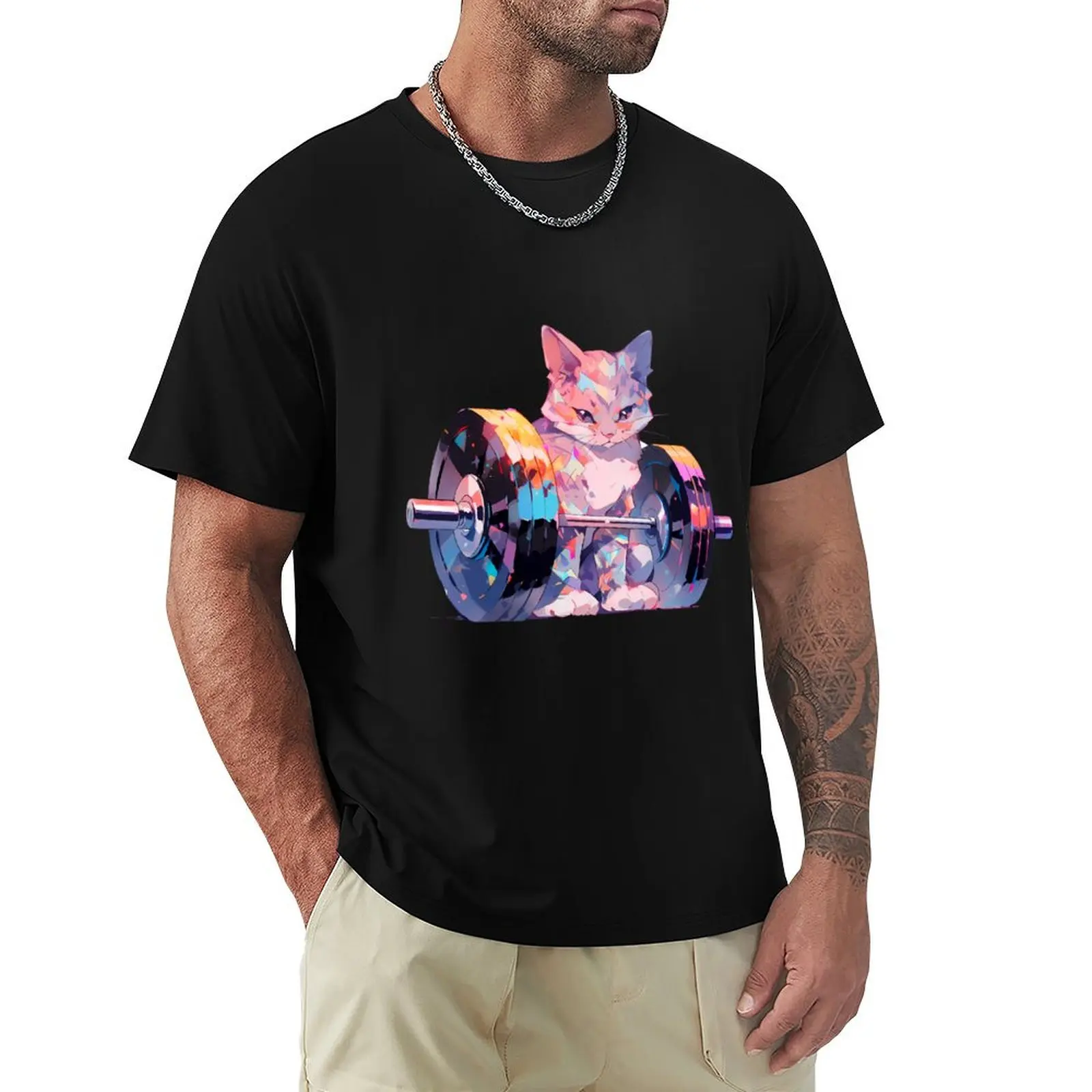 Cute kawaii cat trying with the weights T-Shirt Fashion Pattern Printed Tee Shirt