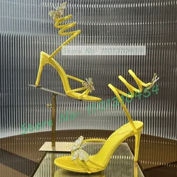 Yellow Butterfly Snake Wrap Sandals Women Gorgeous Trendy Open Toe Crystal Stiletto High Heels Sandals Luxury Cow Leather Shoes