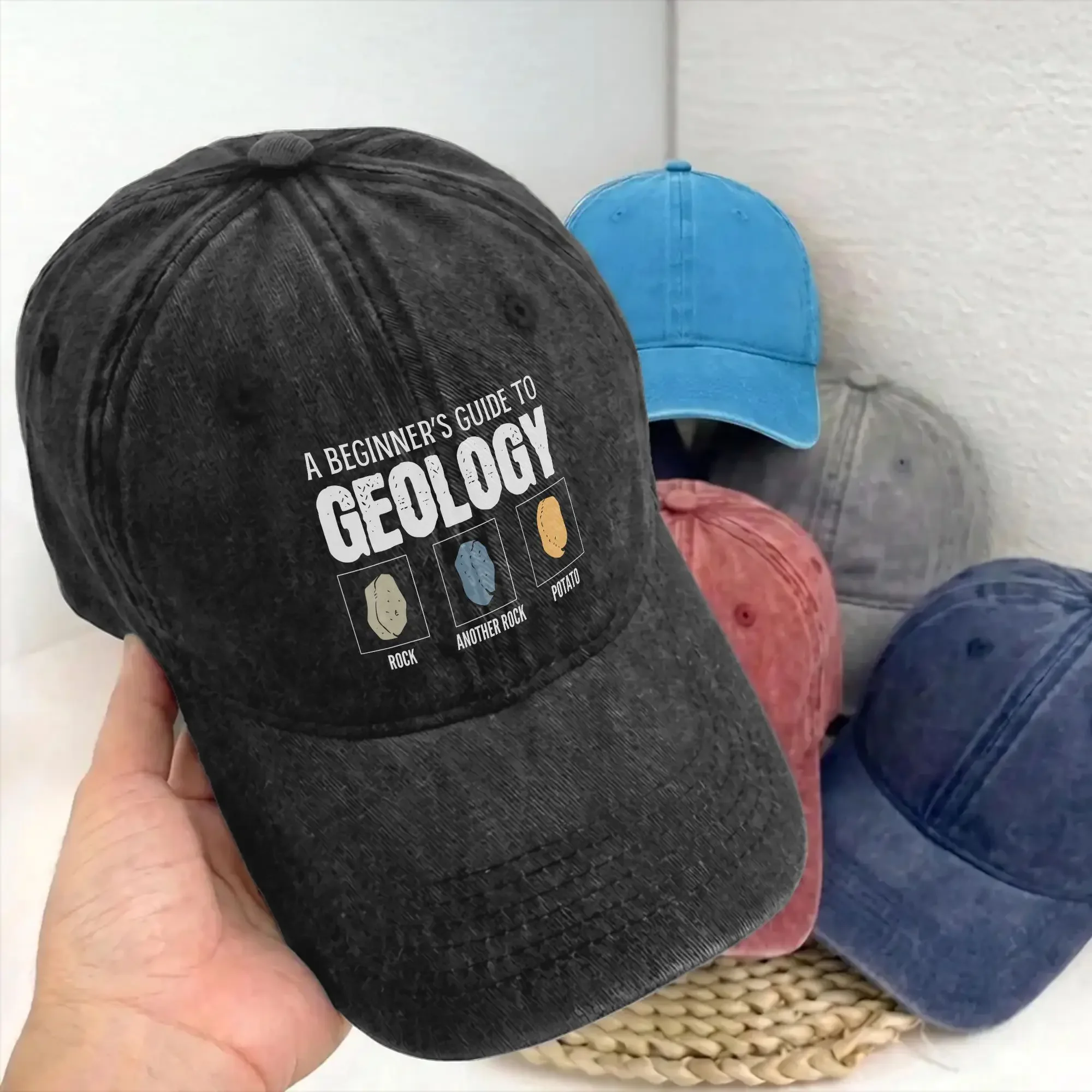 A Beginner Guide To Geology Funny Men Women Unstructured Baseball Caps Rock Potato Distressed Hat Casual Adjustable Sun Cap