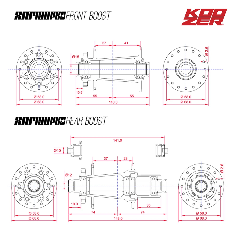 KOOZER XM490 Pro 4 Bearing Bicycle Hub BOOST 141*10mm QR 72 Click Mountain Bike Hub 32 Holes HG GX MS NX SX 8 9 10 11 12speed