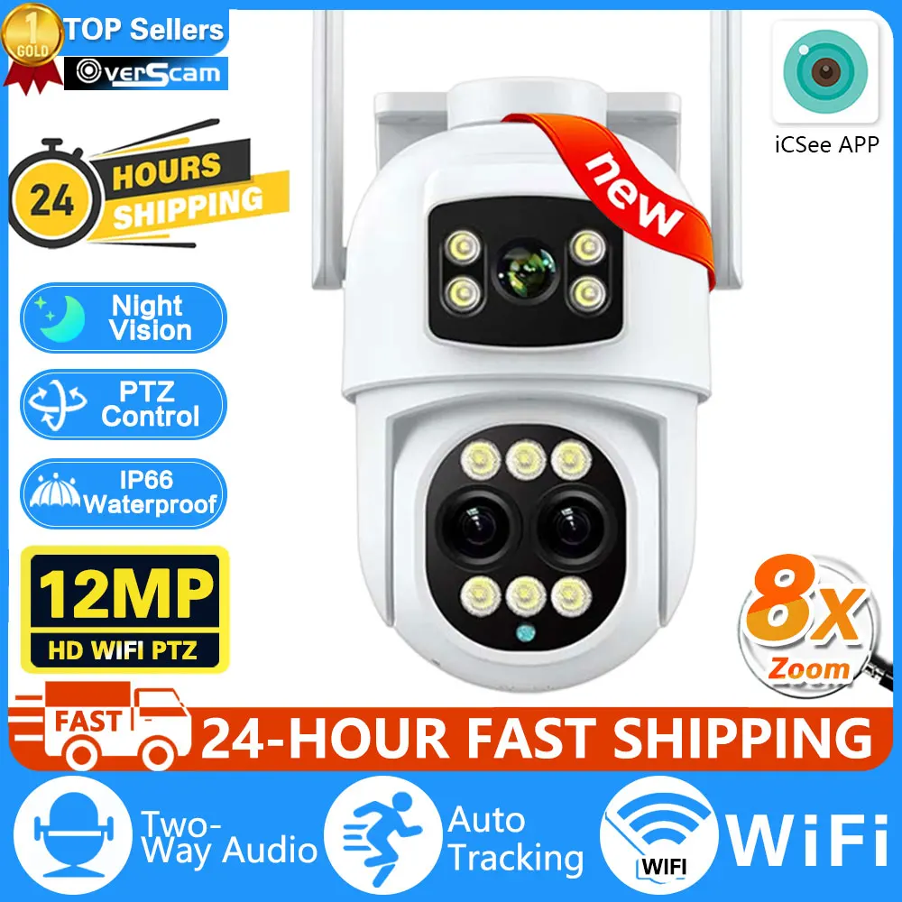 

12MP 6K WiFi IP Camera 8X Zoom Dual Screens 8MP PTZ Wifi Surveillance Camera Outdoor Night Vision ICSEE APP CAM Human Detection