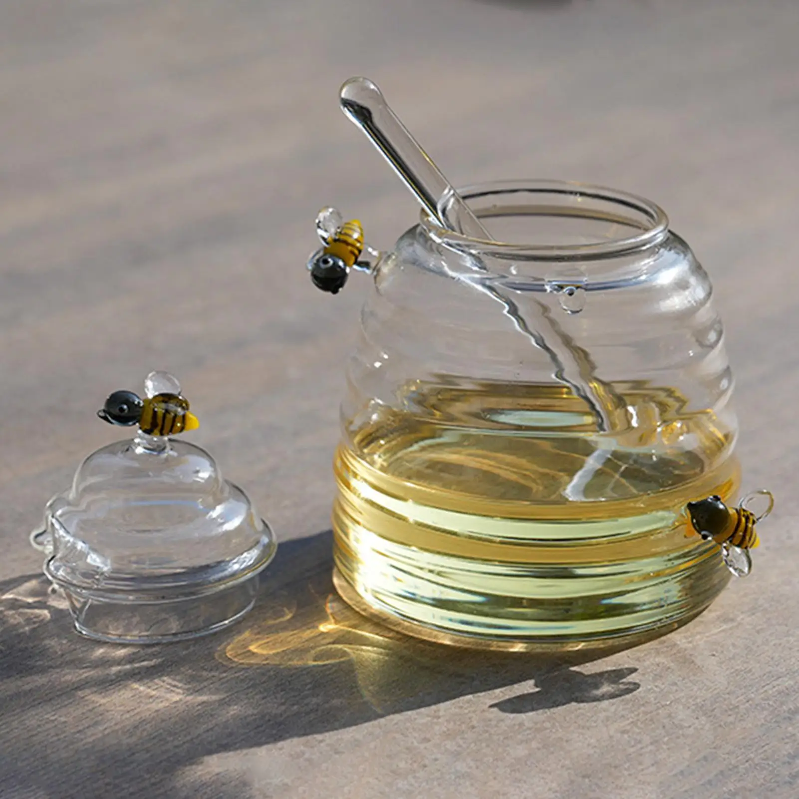 Tarro de miel de abeja transparente de 500ml, tarro de miel de vidrio con cucharón de tapa, tarro decorativo bonito en forma de abeja, tarro de almacenamiento de miel para el hogar