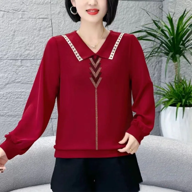 Spring Autumn Tees Thin Net Yarn Long Sleeve T-Shirs All-match Loose Elastic Western Style Patchwork Contrast Color V-Neck Tops