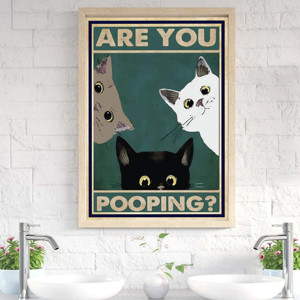 1pc frameless Canvas Painting Are You Pooping Bathroom Wall Poster,Funny Quote Canvas Print,Cute Black White Cat Art,Retro Paint