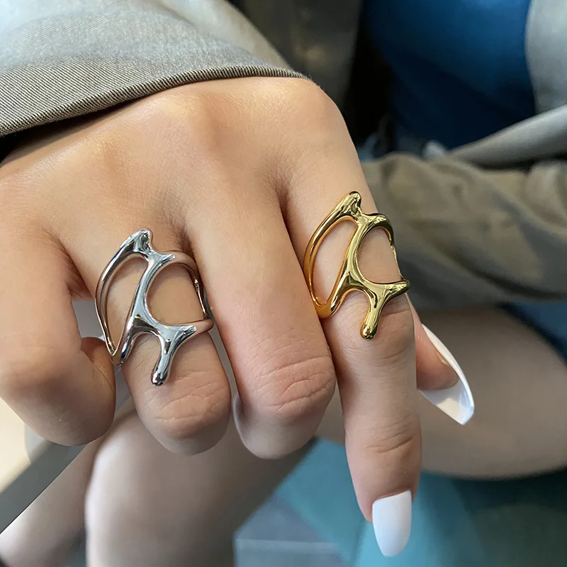 Gold Color Vintage Irregular Pleated Open Ring for Women Men Punk Liquid Metal Style Finger Y2K Accessories Fashion Jewelry