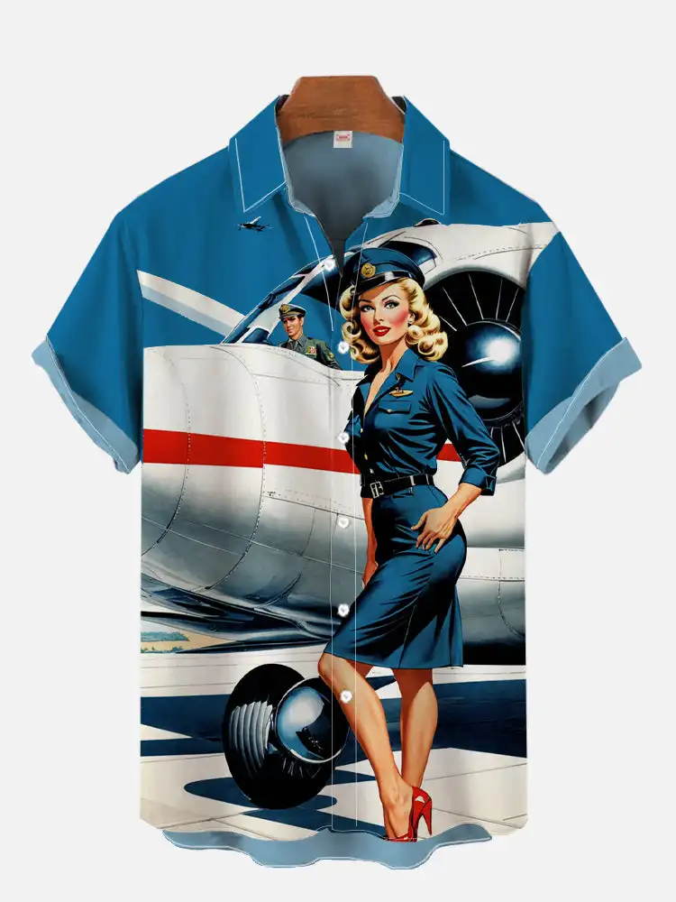 1970S-1980S Vintage Pin Up Girl Poster Hawaiian Beach Cowgirl Printing Short Sleeve Shirt Fashion Hawaiian Shirt For Men Hrajuku