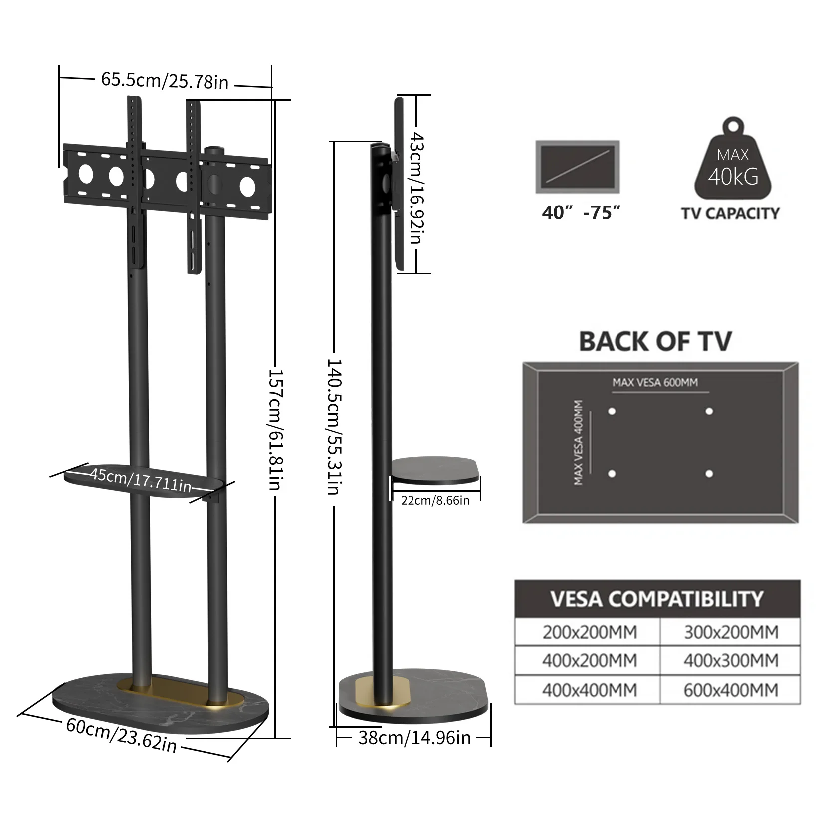 Heavy Duty Corner TV Floor Stand Universal TV Mount with Marble Base and Shelf for 40-75 Inch Height Adjustable