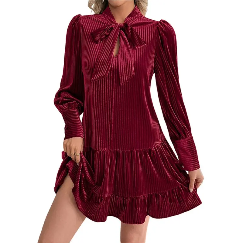 

ABJO-Женское бархатное мини-платье Babydoll свободного кроя с бантом и длинными рукавами, платье Shift