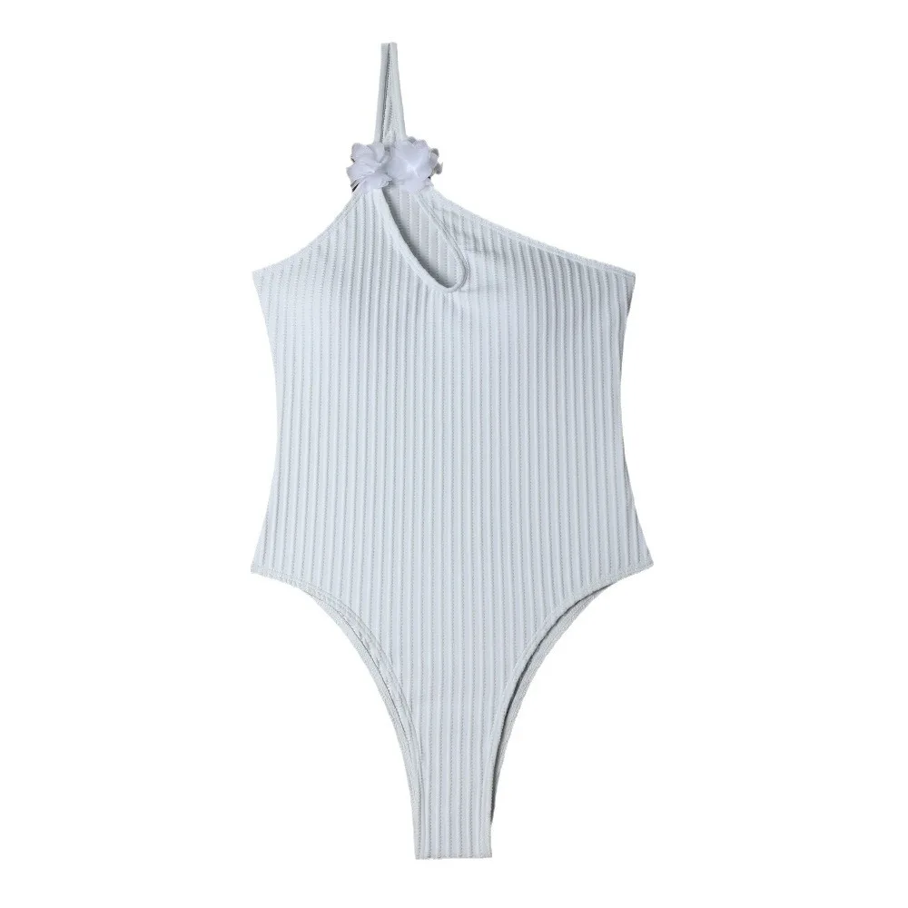 Sexy Solid Striped One Piece Hollow Swimsuit Women's Swimwear Backless Monokini White 3D flower Bathing Suit