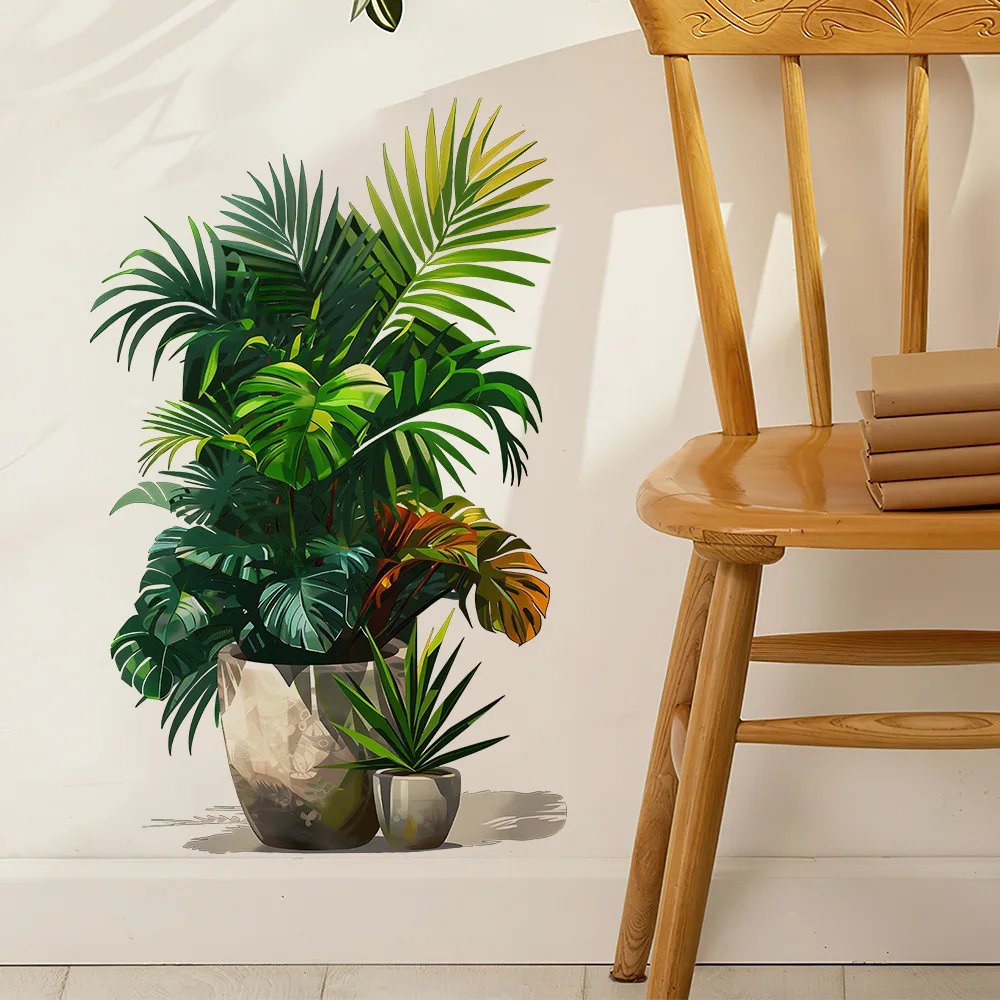 Modern Style Painted Green Plant Potted Self-Adhesive Wall Stickers, Suitable for Home Decoration in Rooms, Bedrooms, Living Roo