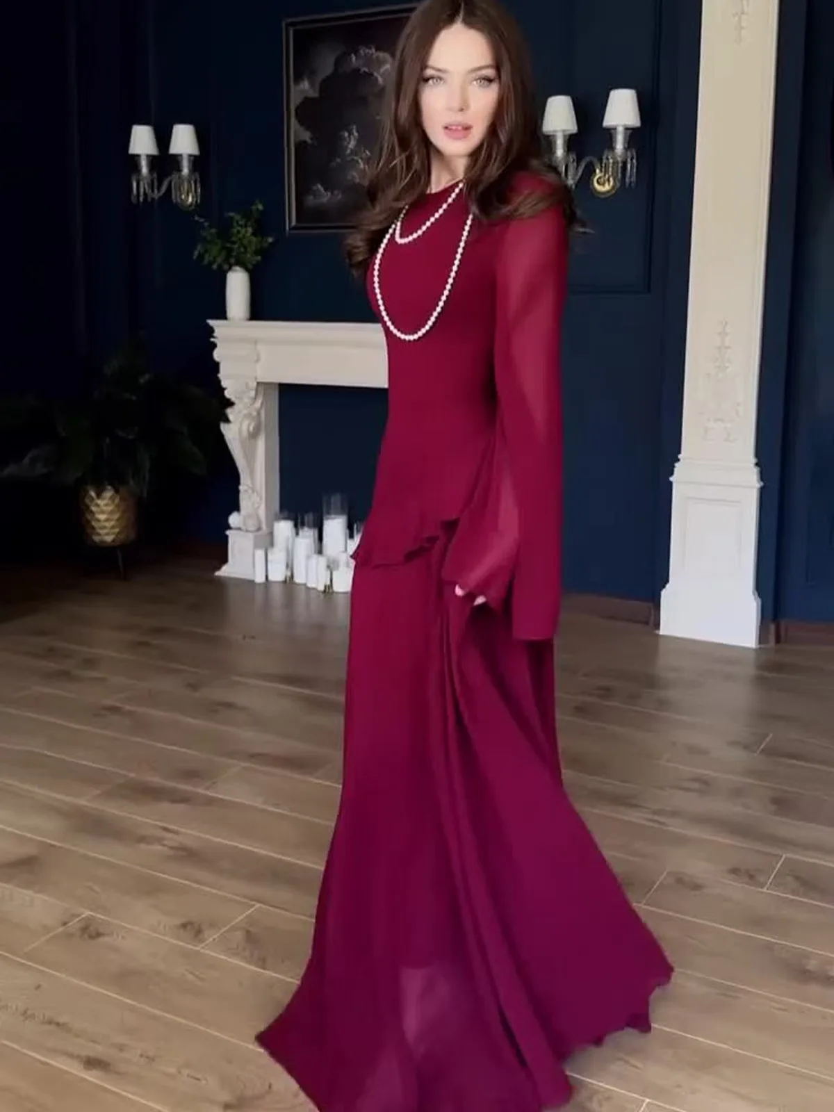 กระโปรงทรงเอเอวสูงผ้าโพลีเอสเตอร์ แขนยาว แต่งลูกไม้ผูกเชือก