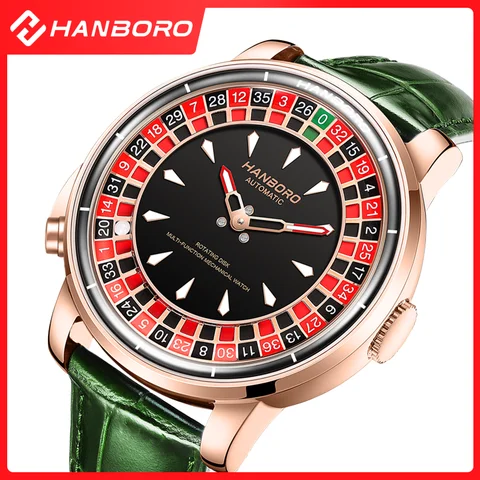 HANBORO Roulette Men's Automatic Mechanical Watch 8215 Movement Rose Gold Rotating Dial Luxury Skeleton Steel Waterproof Leather