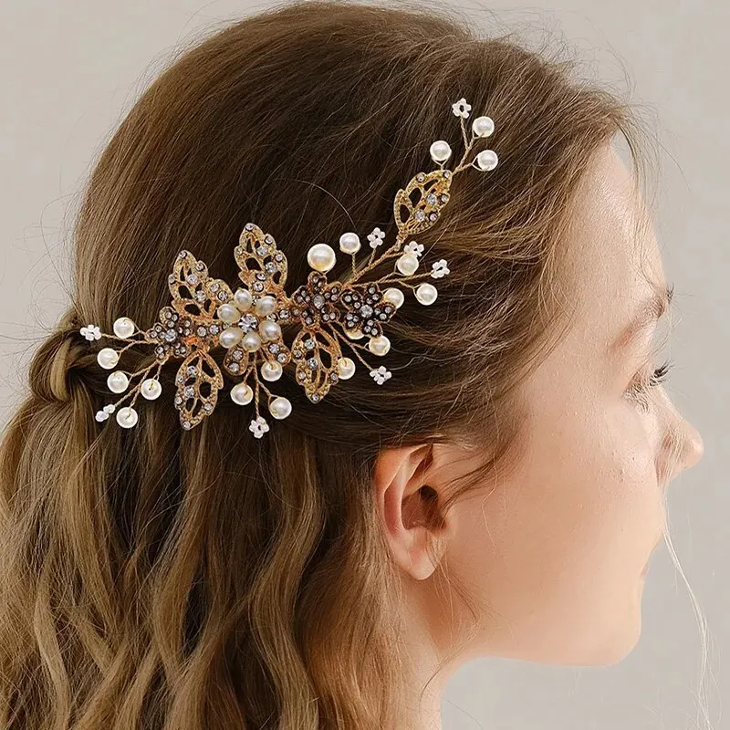 Wedding Hair Accessories Flower Hair Clips For Women Fashion Zircon Bride Headdress Hairpin Faux Pearl Hair Combs Girls Jewelry