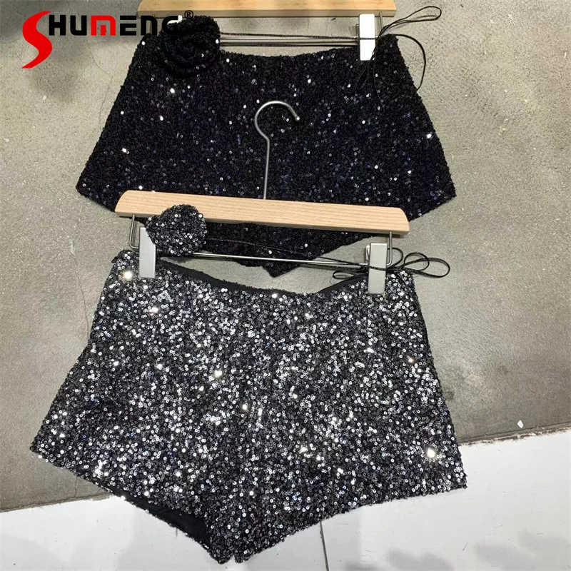 

2024 Spring And Summer Sequined Shiny Heavy-Duty Zipper Nightclub Socialite Shorts Trendy Sexy Versatile Black Booty Pants Women