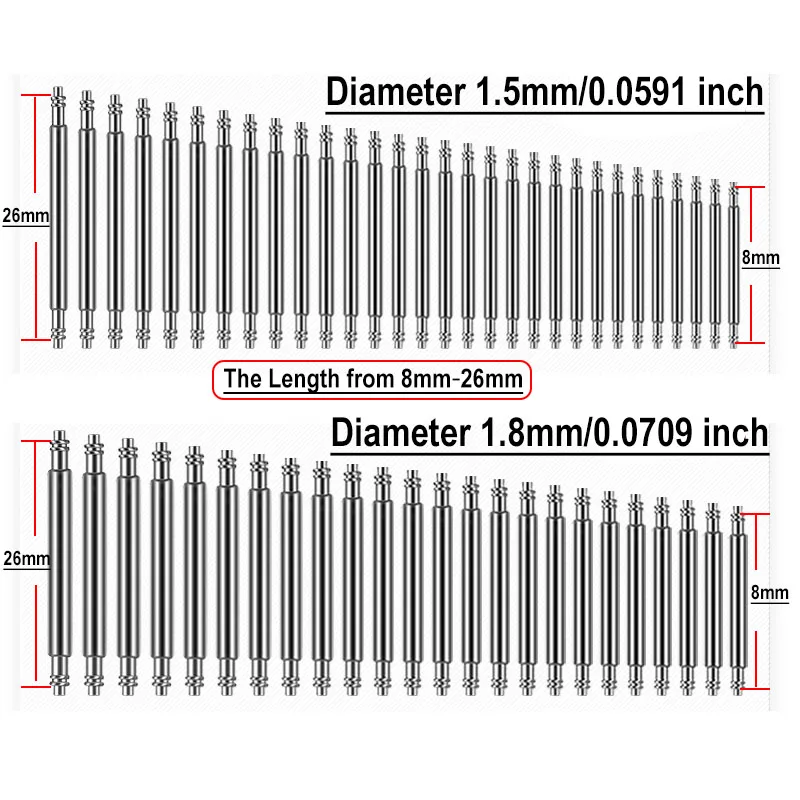 10pcs Dia 1.5mm/1.8mm Strainless Steel Leather watch strap Repair Spring Bars 8mm-18 20 22 24 26mm Belt Watch Repair Tools Pin