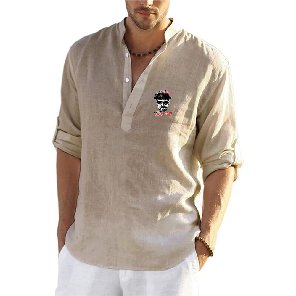 2026 Breaking Bad Print Spring Autumn Men's New Cotton Linen Long Sleeve Solid Color Casual Style Hawaiian Vacation Top