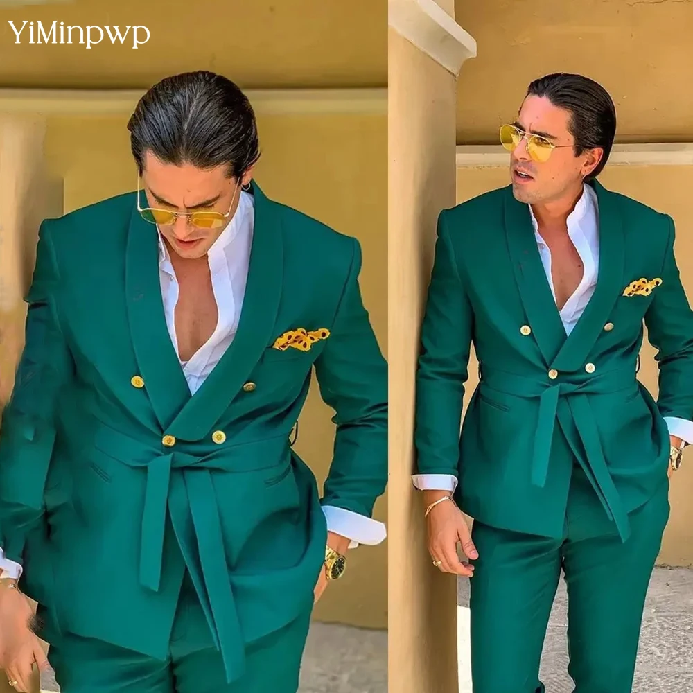 Зеленые костюмы для мужчин, жениха, с шалью и лацканами, формальный свадебный смокинг, комплект, пиджак, свадебный костюм, платья de novia, куртка + брюки
